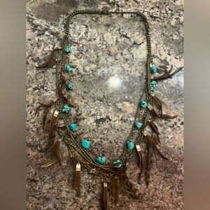 Bohemian Turquoise and Brown Feather Necklace